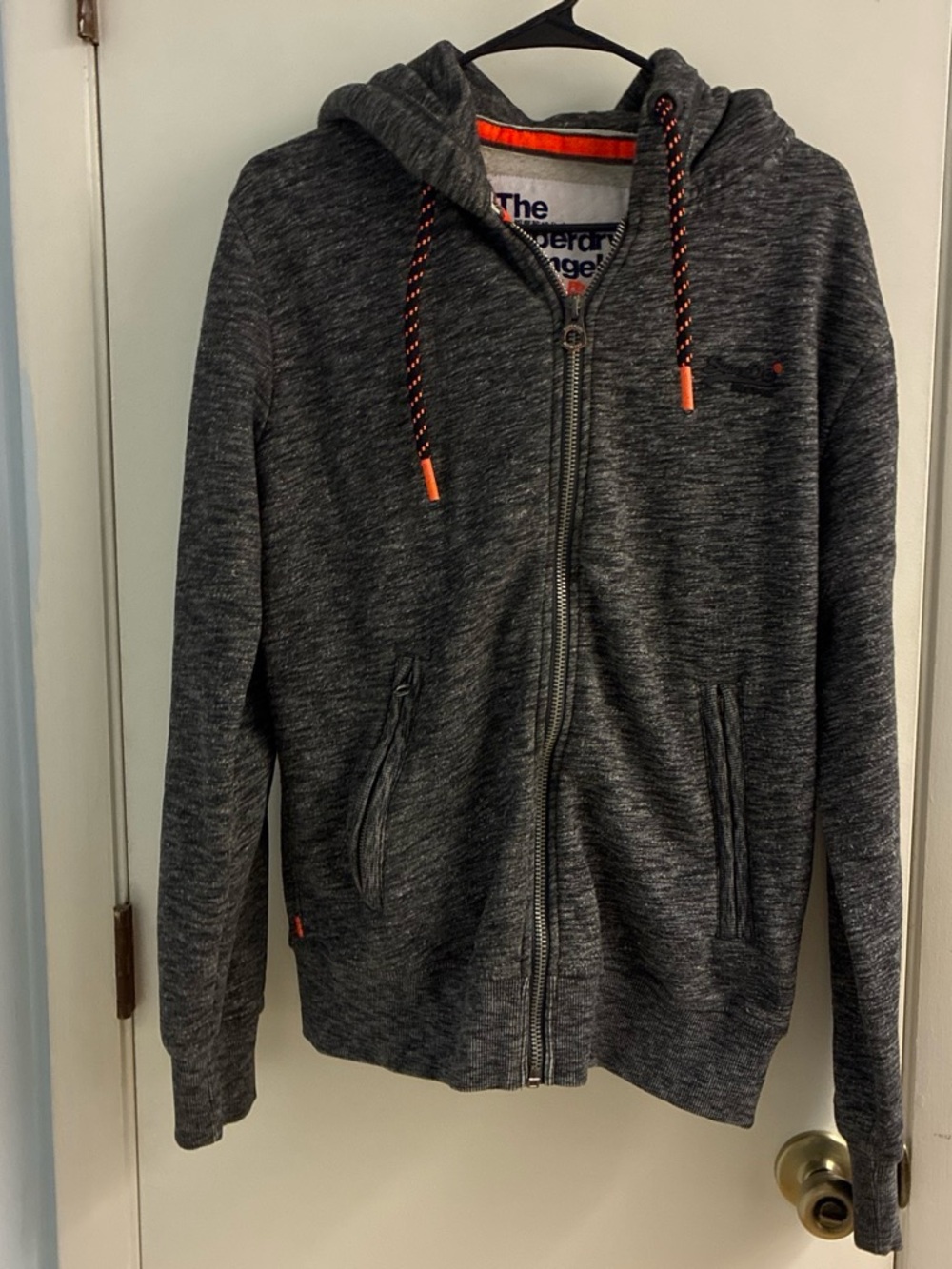 Superdry Charcoal Gray Zip-Up Hoodie with Orange Accents
